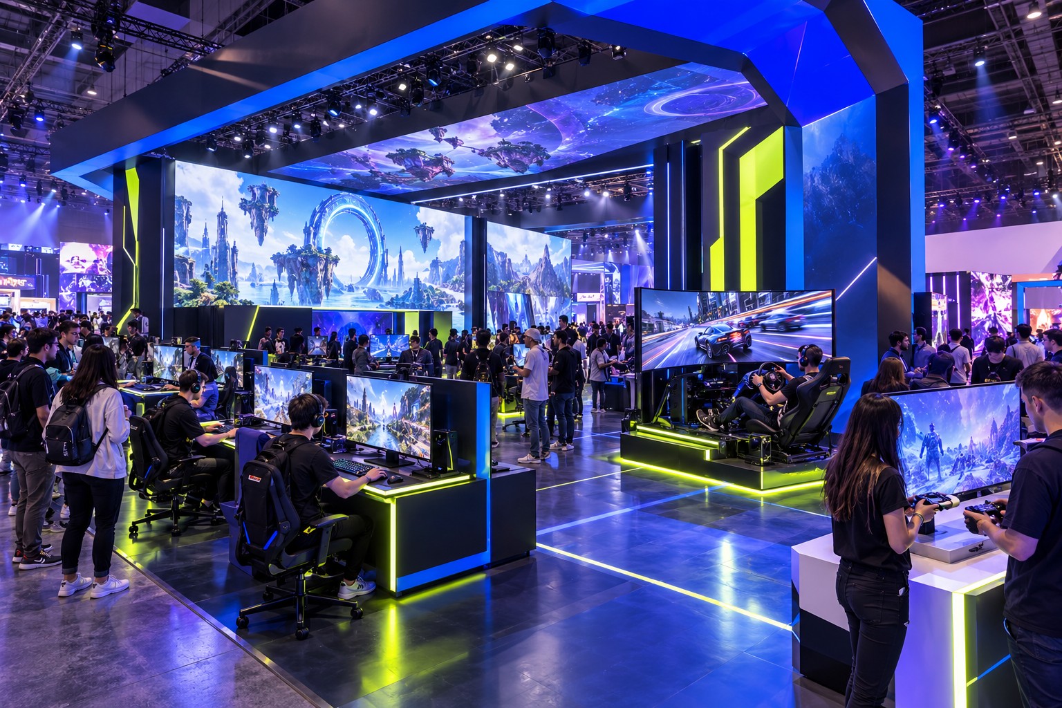 An immersive gaming activation booth with demo stations, a racing simulator and visitors under blue exhibition lighting